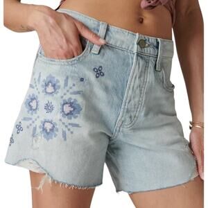 Lucky Brand 90s Embroidered High Rise Midi Shorts Frayed Hem NEW Size 2/26